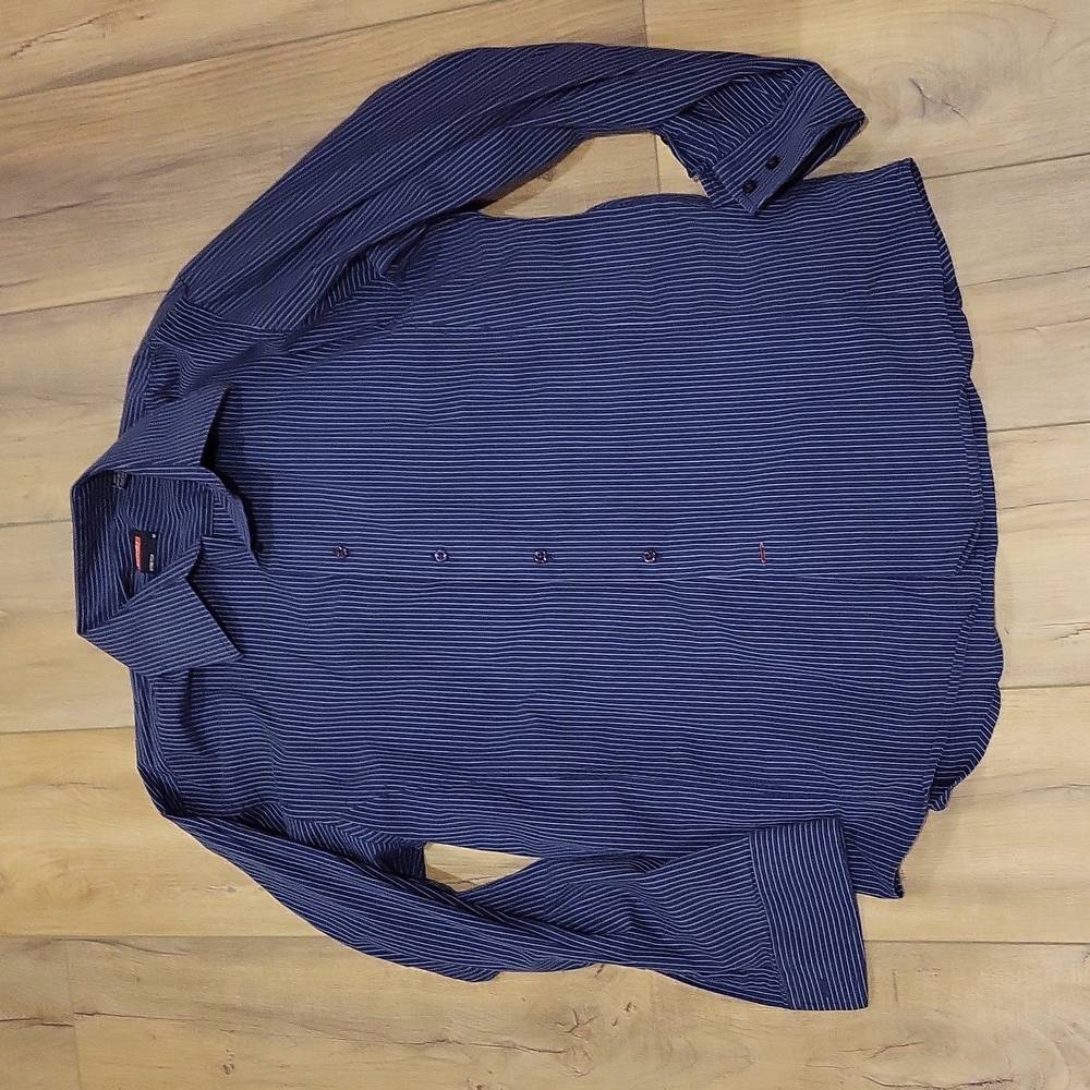 Report Collection Dress Shirt, Blue Striped, Stretch (M)